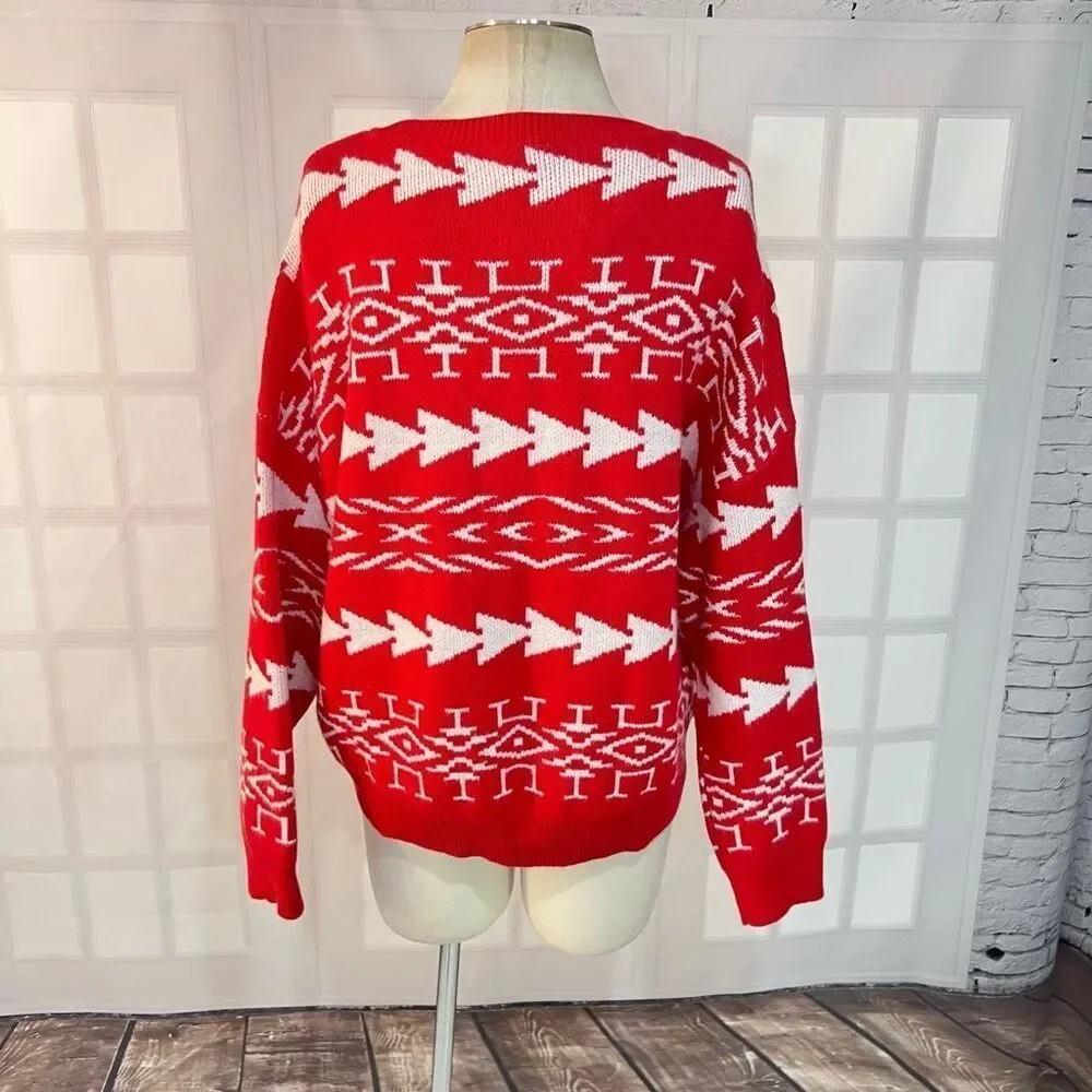 Express NWT Red White Aztec Crew Neck Cotton Blend Pullover Sweater Medium